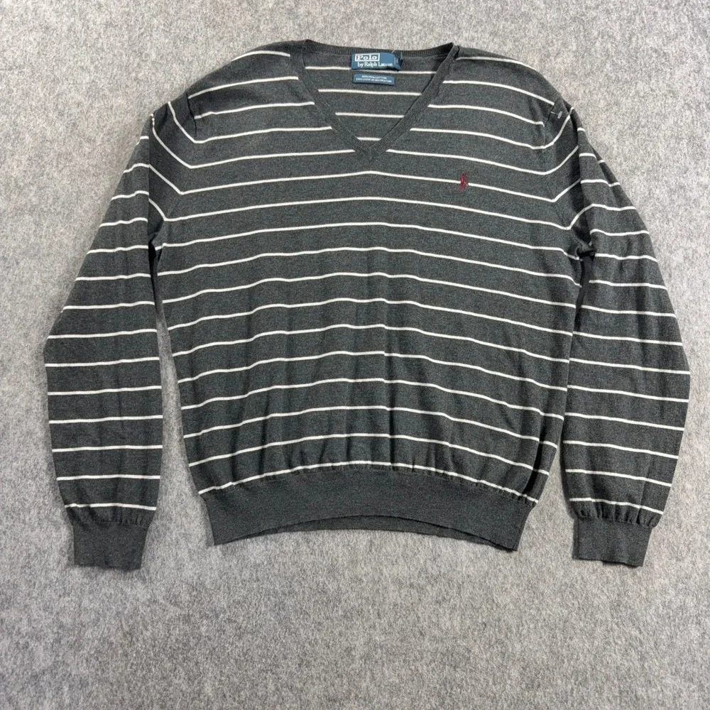 Polo Ralph Lauren Mens Pima Cotton V-Neck Striped Sweater Grey White Large
